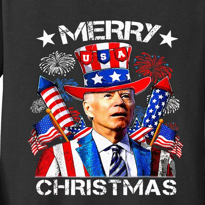 Funny Joe Biden Merry Christmas 4th Of July Firework USA Kids Long Sleeve Shirt