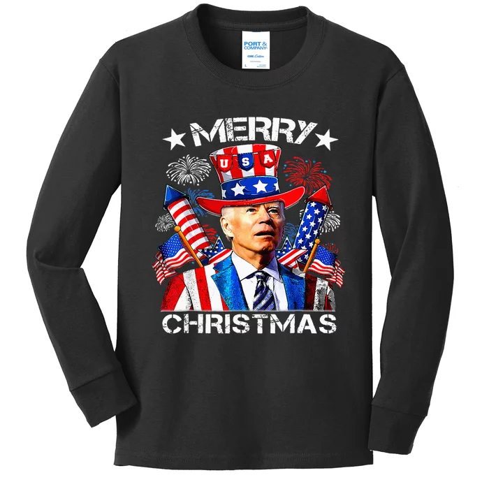 Funny Joe Biden Merry Christmas 4th Of July Firework USA Kids Long Sleeve Shirt