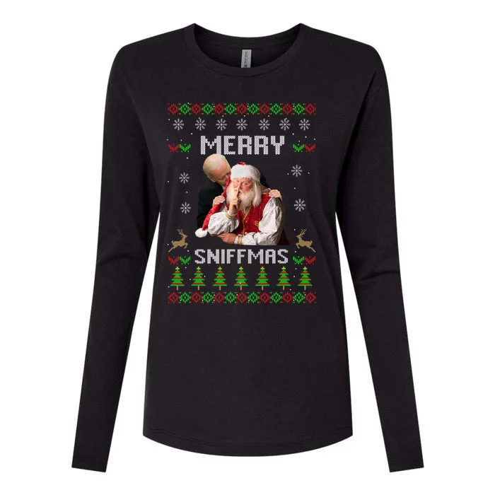 Funny Joe Biden Santa Merry Sniffmas Meme Ugly Christmas Womens Cotton Relaxed Long Sleeve T-Shirt