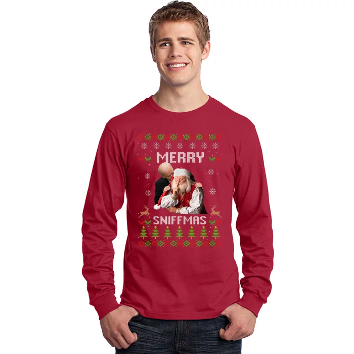 Funny Joe Biden Santa Merry Sniffmas Meme Ugly Christmas Long Sleeve Shirt