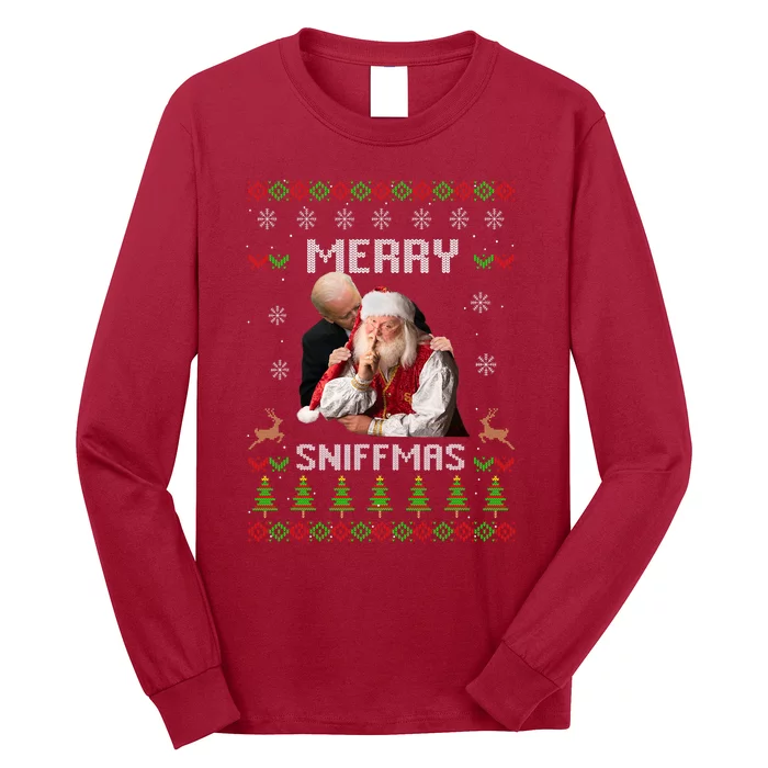 Funny Joe Biden Santa Merry Sniffmas Meme Ugly Christmas Long Sleeve Shirt