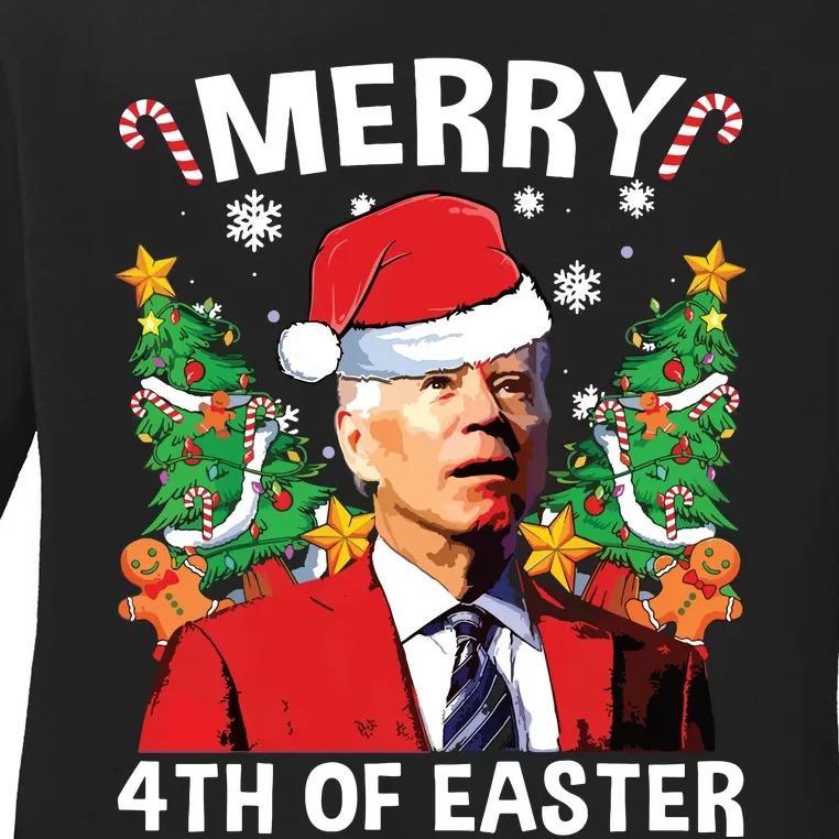 Funny Joe Biden Christmas Santa Hat Merry 4th Of Easter Xmas Ladies Long Sleeve Shirt