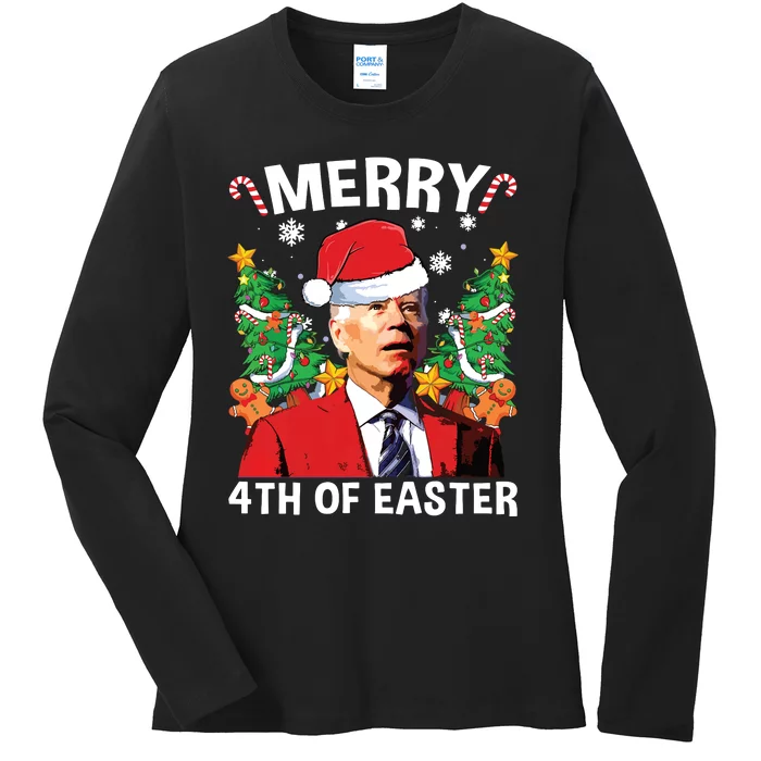 Funny Joe Biden Christmas Santa Hat Merry 4th Of Easter Xmas Ladies Long Sleeve Shirt