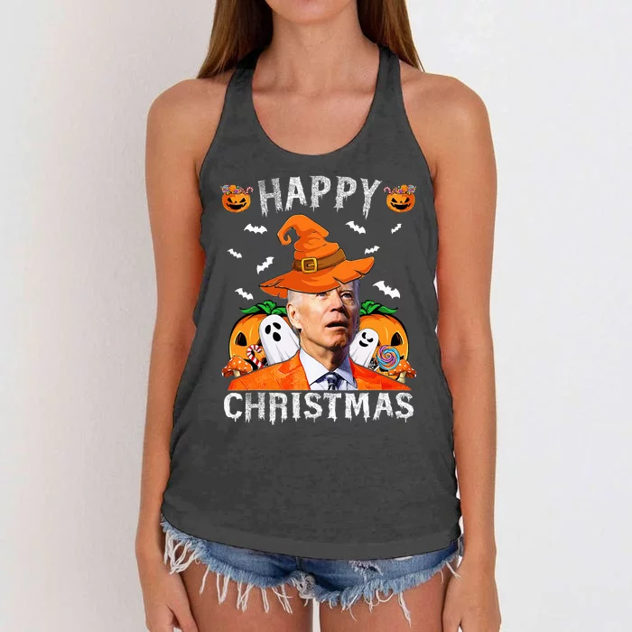 Funny Joe Biden Happy Halloween Happy Christmas Saying Women's Knotted Racerback Tank