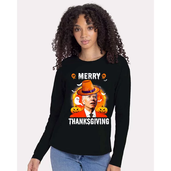 Funny Joe Biden Confused Merry Thanksgiving For Halloween Womens Cotton Relaxed Long Sleeve T-Shirt