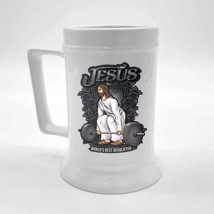 Funny Jesus Christian Weight Lifting Gym Gag Gifts Front & Back Beer Stein