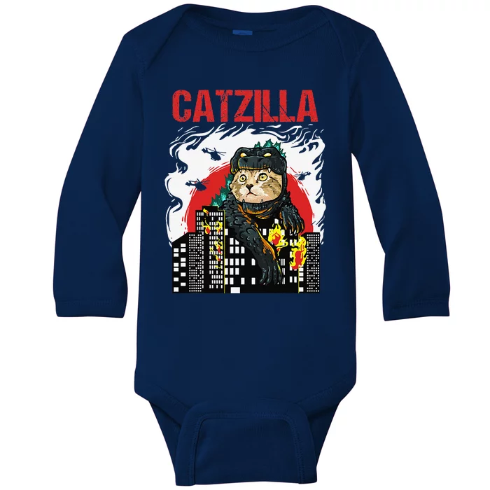 Funny Japanese Catzilla Cat Lover Baby Long Sleeve Bodysuit