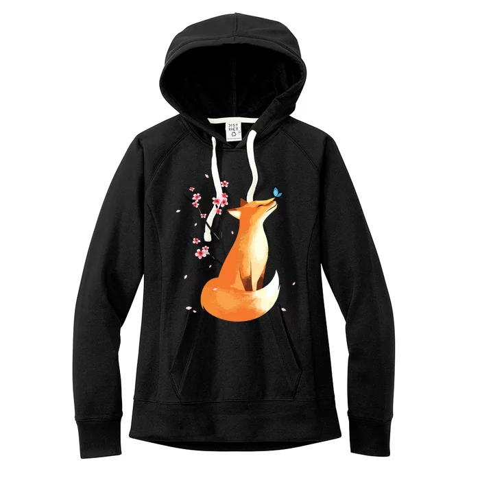 Fox Japanese Cherry Blossom Flower Vintage Gift Women's Fleece Hoodie