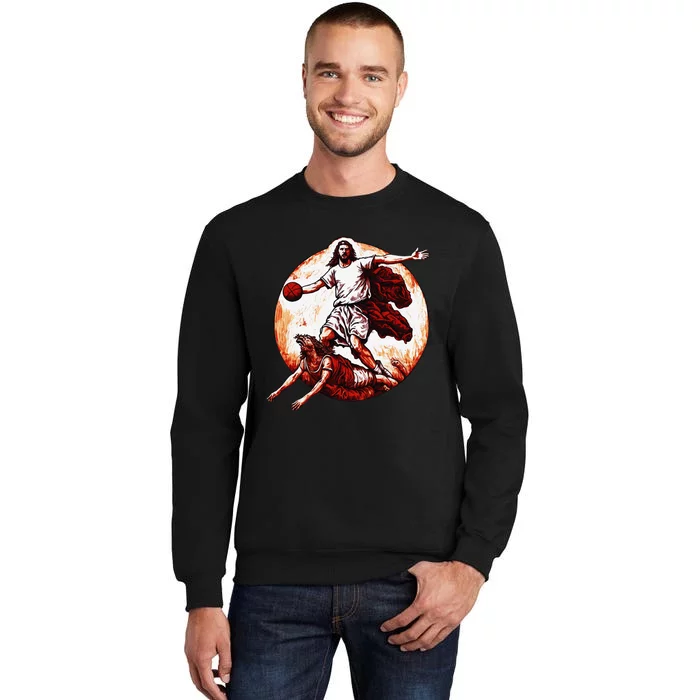 Funny Jesus Crossing Up The Devil Christian Basketball Lover Tall Sweatshirt