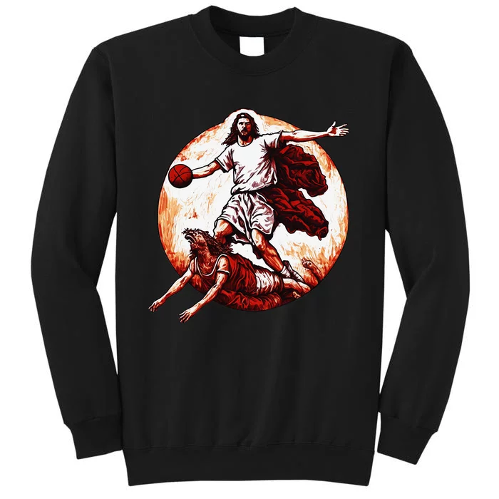 Funny Jesus Crossing Up The Devil Christian Basketball Lover Tall Sweatshirt