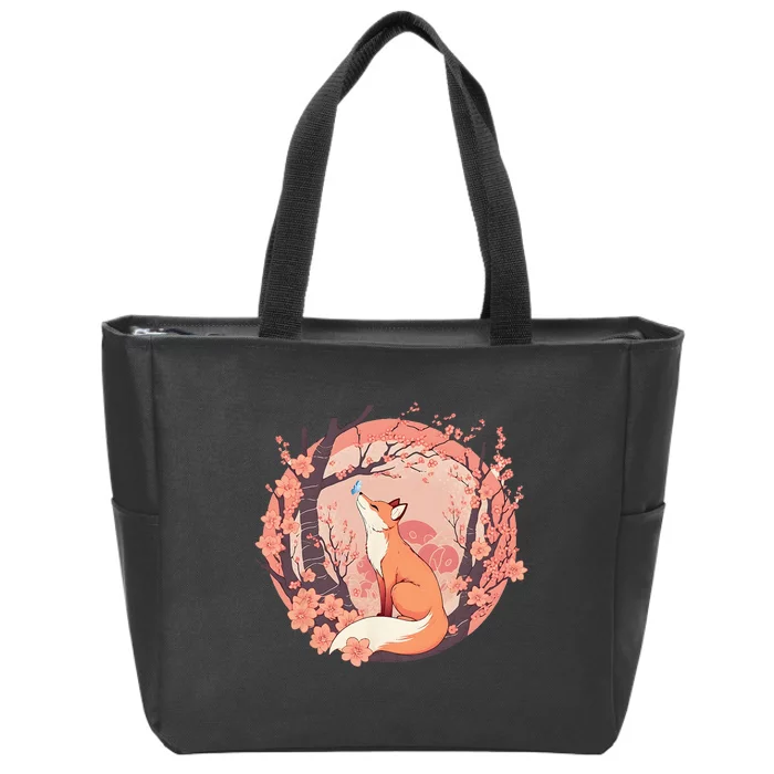 Fox Japanese Cherry Blossom Flower Cute Butterfly Vintage Zip Tote Bag