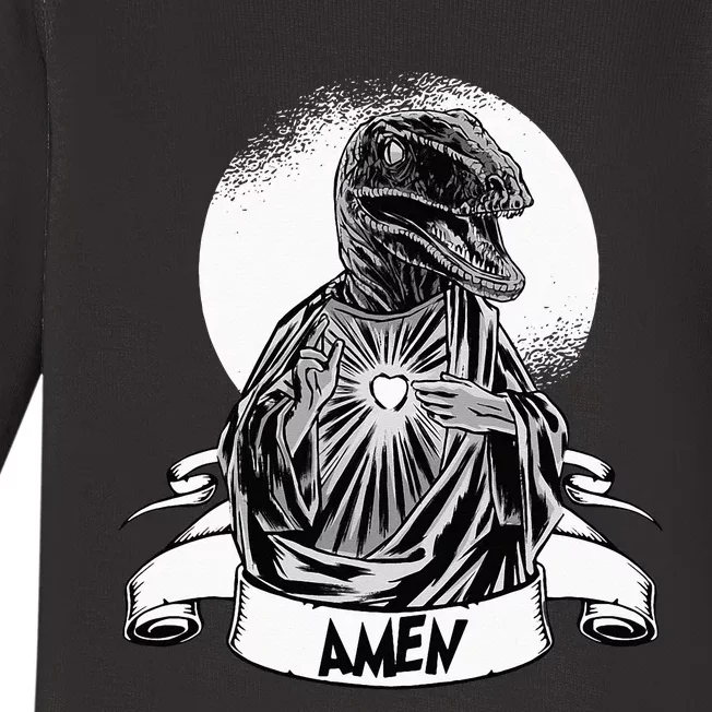 Funny Jesus Christ Parody Raptor Velociraptor Says Amen Baby Long Sleeve Bodysuit