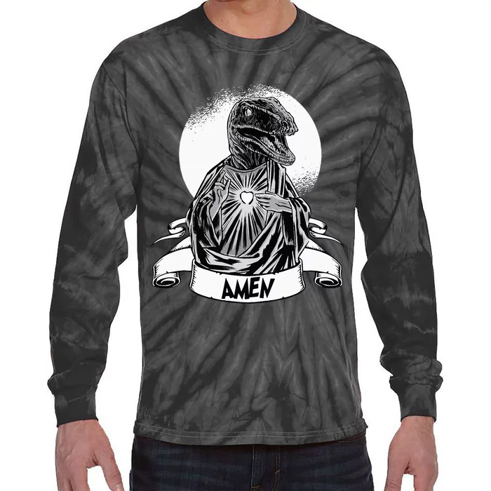 Funny Jesus Christ Parody Raptor Velociraptor Says Amen Tie-Dye Long Sleeve Shirt