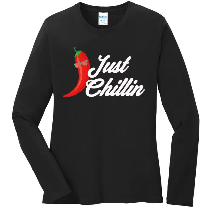 Funny Just Chillin Chili Pepper For Spicy Food Lovers Ladies Long Sleeve Shirt