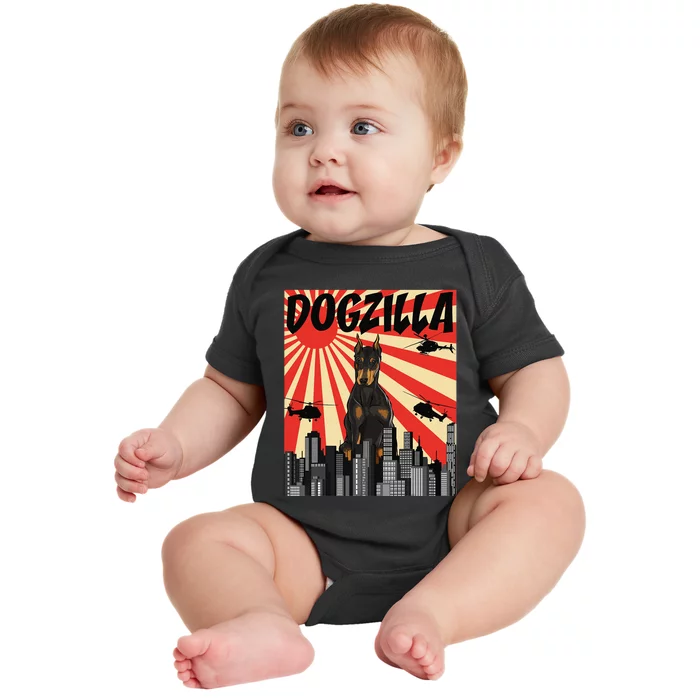 Funny Japanese Dogzilla Doberman Pinscher Baby Bodysuit