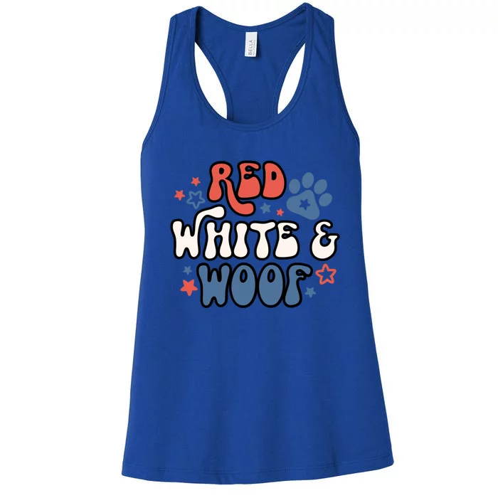 Funny July Fourth Dog Red White Woof Vintage 4th Of July Cool Gift Women's Racerback Tank