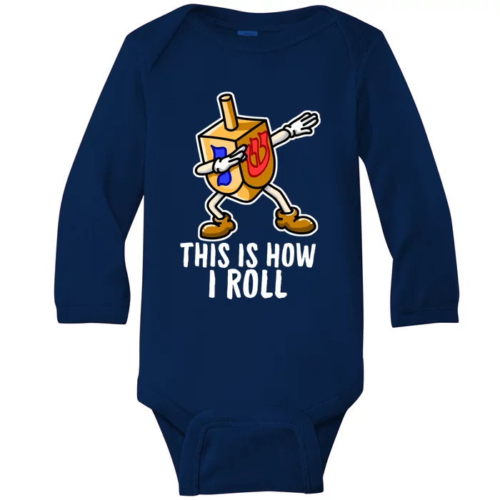 Funny Jewish Hanukkah Dabbing Dreidel This Is How I Roll Gift Baby Long Sleeve Bodysuit