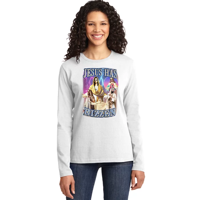 Funny Jesus Has Rizzen Ladies Long Sleeve Shirt