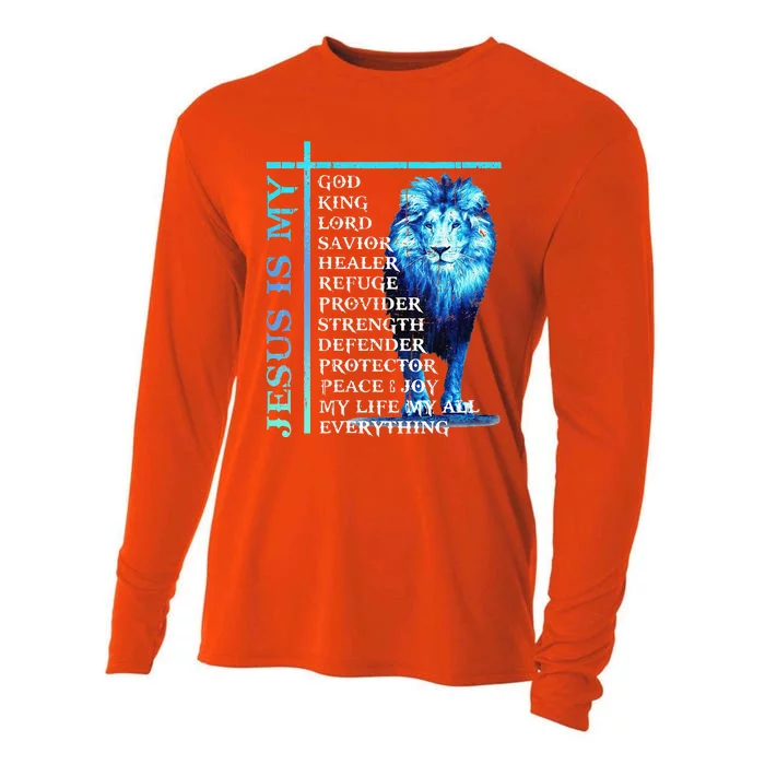 Funny Jesus Is My God King My Lord My Savior Blue Lion Christian Cooling Performance Long Sleeve Crew