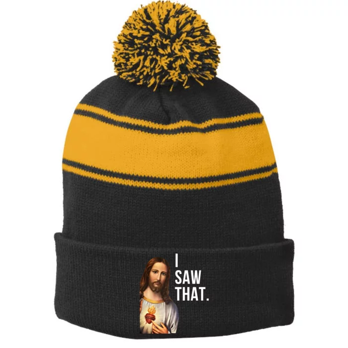 Funny Jesus I Saw That Funny Jesus Funny I Saw That Christmas Meme Religious Stripe Pom Pom Beanie