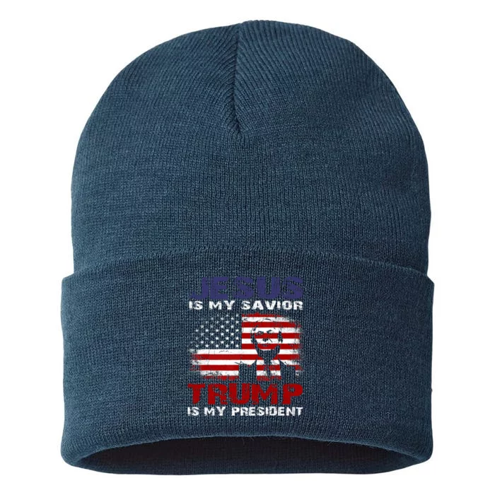 Funny Jesus Is My Savior Trump Is My President Trump 2024 Usa Flag Gift Sustainable Knit Beanie