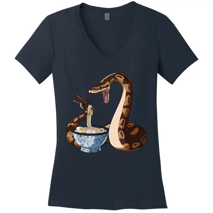 Funny Japanese Kawaii Ramen Snake Ball Python Women's V-Neck T-Shirt