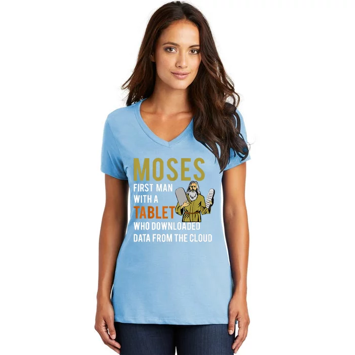 Funny Jewish Passover Moses Tablet Data Cloud Computing Women's V-Neck T-Shirt