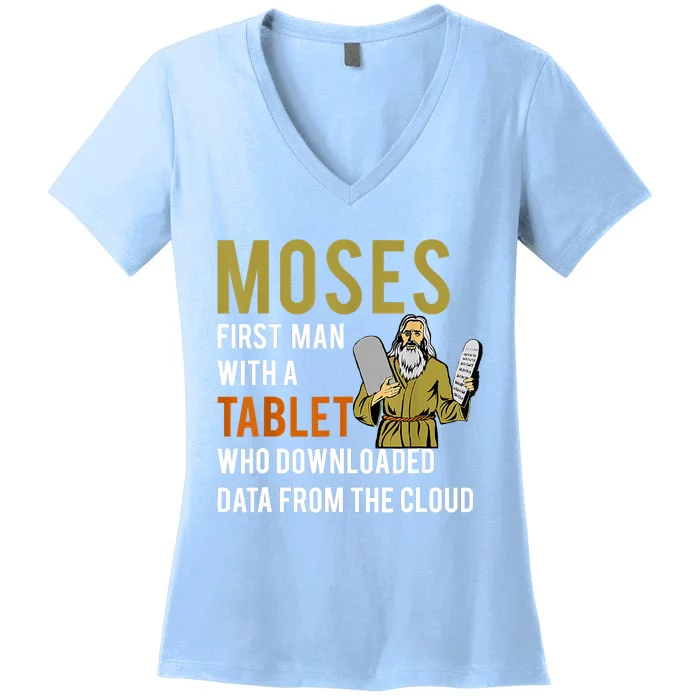 Funny Jewish Passover Moses Tablet Data Cloud Computing Women's V-Neck T-Shirt