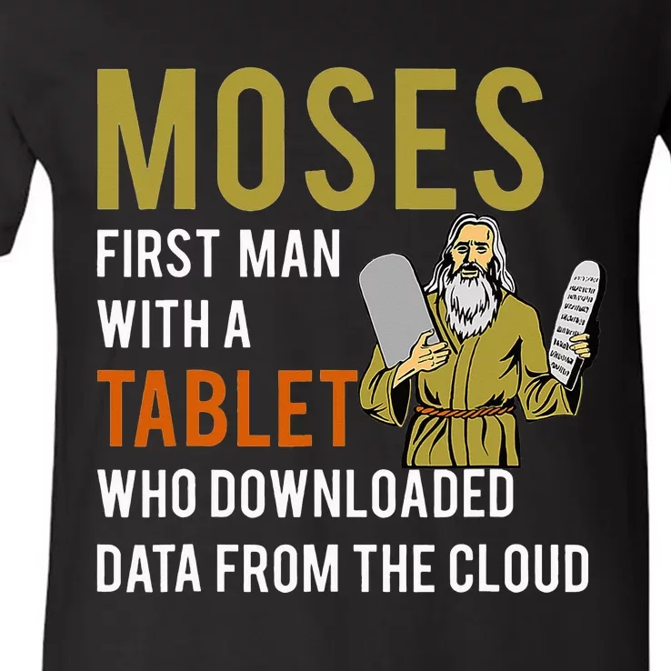 Funny Jewish Passover Moses Tablet Data Cloud Computing V-Neck T-Shirt