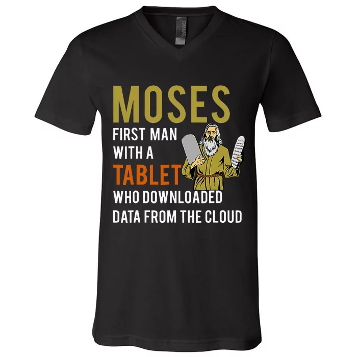 Funny Jewish Passover Moses Tablet Data Cloud Computing V-Neck T-Shirt