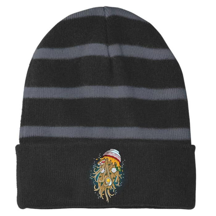 Funny Jellyfish Ramen Bowl Striped Beanie with Solid Band