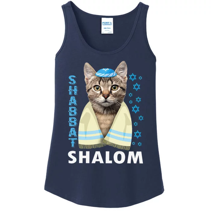 Funny Jewish Shabbat Shalom Cute Cat With Kippah Ladies Essential Tank