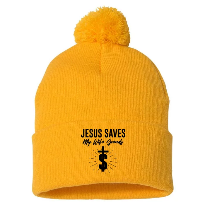 Funny Jesus Saves My Wife Spends Pom Pom 12in Knit Beanie