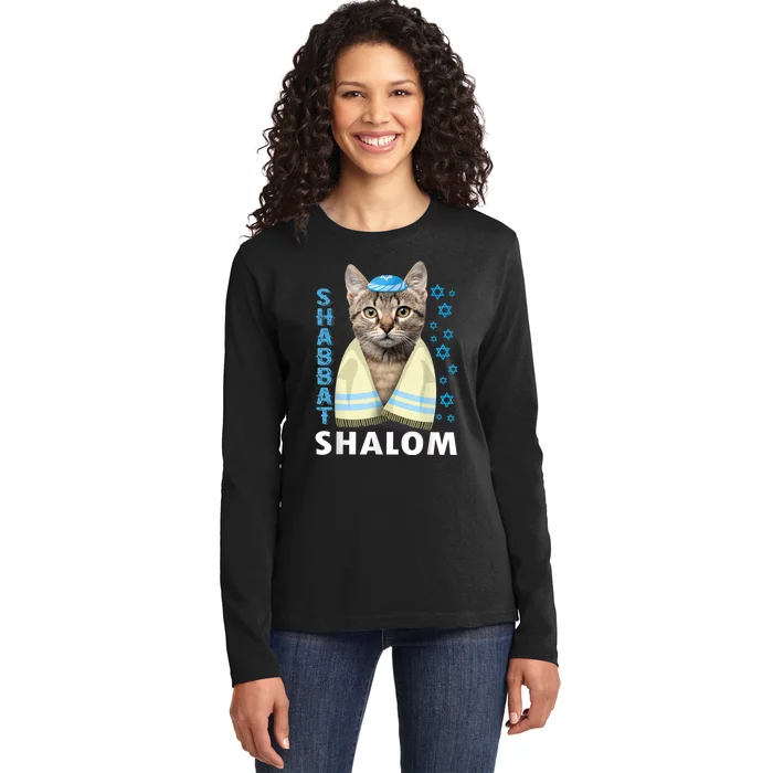 Funny Jewish Shabbat Shalom Cute Cat With Kippah Ladies Long Sleeve Shirt