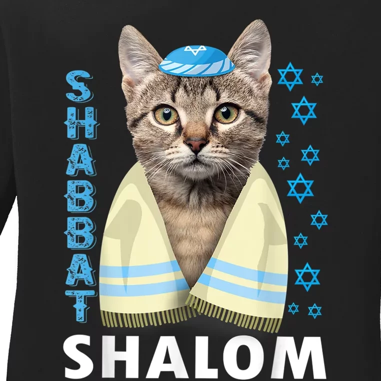 Funny Jewish Shabbat Shalom Cute Cat With Kippah Ladies Long Sleeve Shirt