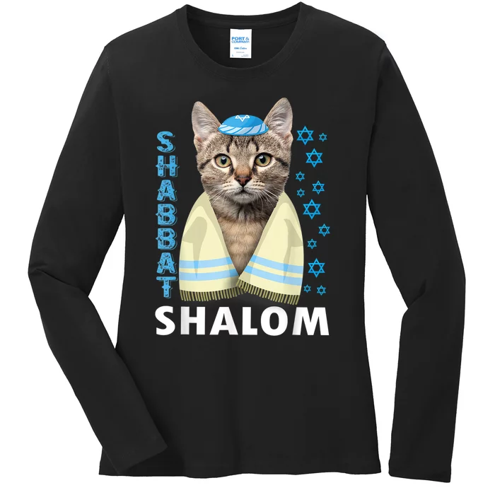 Funny Jewish Shabbat Shalom Cute Cat With Kippah Ladies Long Sleeve Shirt