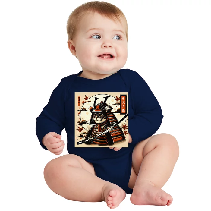 Funny Japanese Samurai Cat Baby Long Sleeve Bodysuit