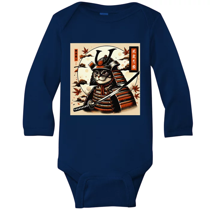 Funny Japanese Samurai Cat Baby Long Sleeve Bodysuit