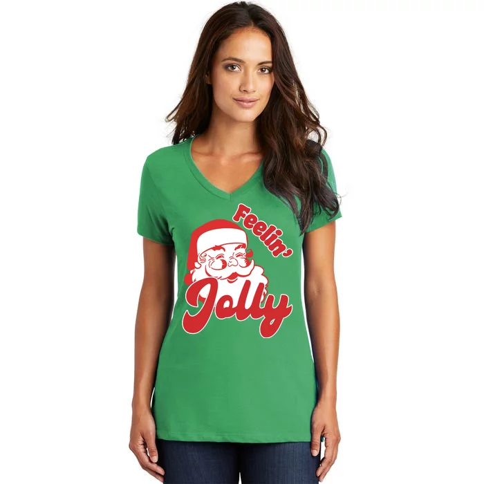 Feelin Jolly Santa Claus Christmas Holiday Women's V-Neck T-Shirt