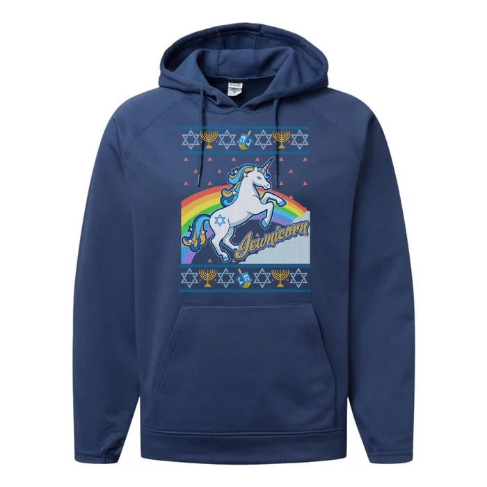 Funny Jewnicorn Unicorn Ugly Hanukkah Sweater Performance Fleece Hoodie