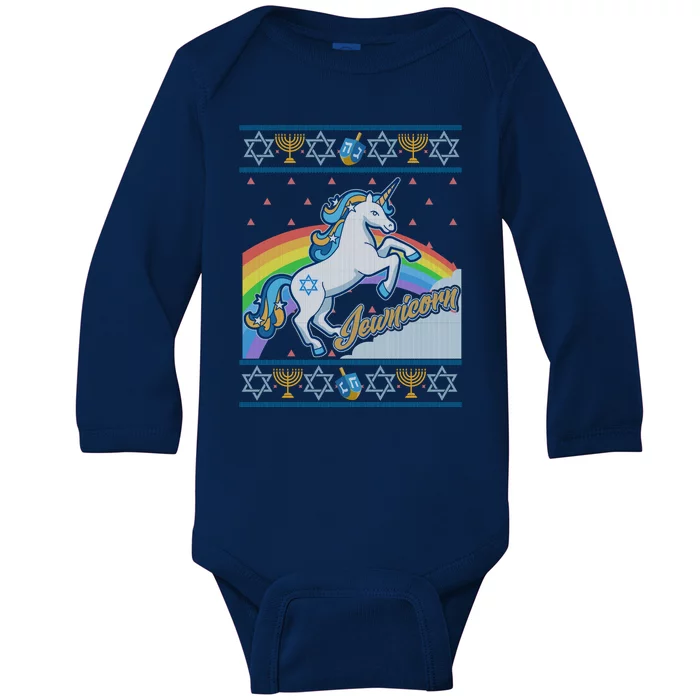 Funny Jewnicorn Unicorn Ugly Hanukkah Sweater Baby Long Sleeve Bodysuit