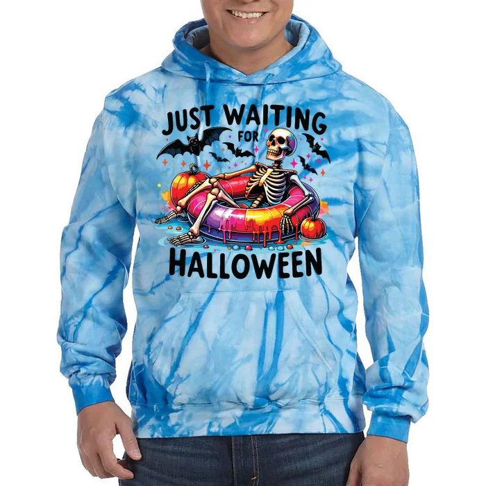 Funny Just Waiting For Halloween Skeleton Spooky Vibe Summer Tie Dye Hoodie