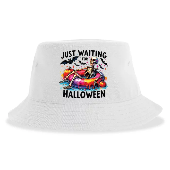 Funny Just Waiting For Halloween Skeleton Spooky Vibe Summer Sustainable Bucket Hat