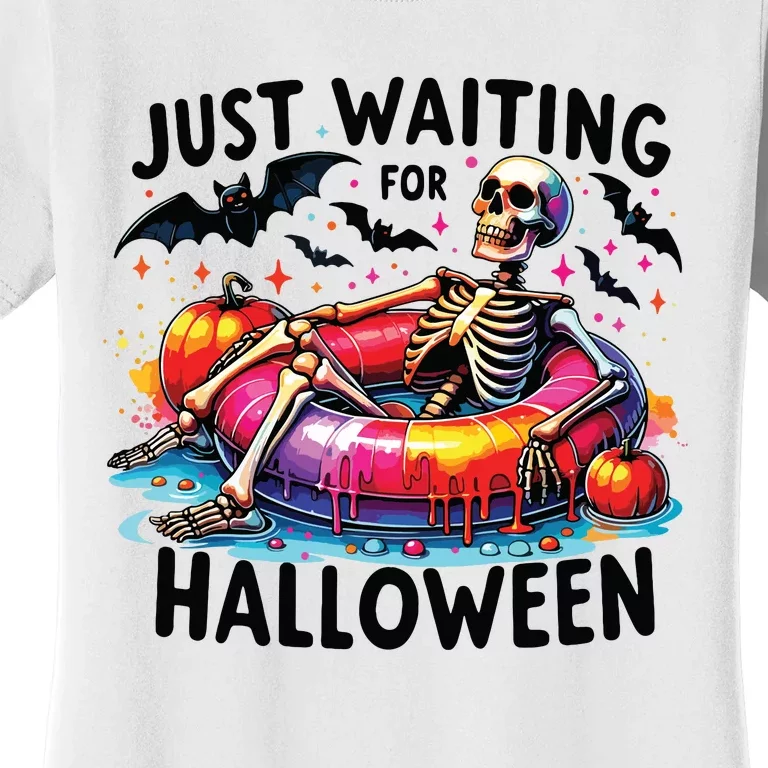 Funny Just Waiting For Halloween Skeleton Spooky Vibe Summer Women's T-Shirt