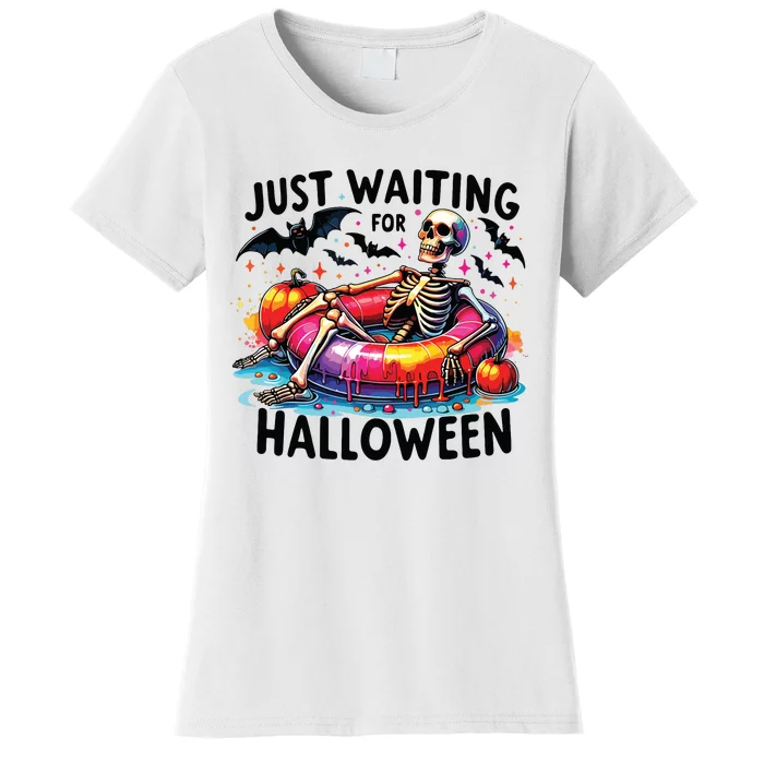 Funny Just Waiting For Halloween Skeleton Spooky Vibe Summer Women's T-Shirt