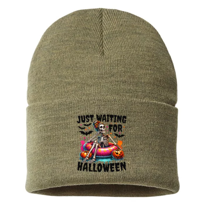 Funny Just Waiting For Halloween Skeleton Spooky Vibe Summer Gift Sustainable Knit Beanie