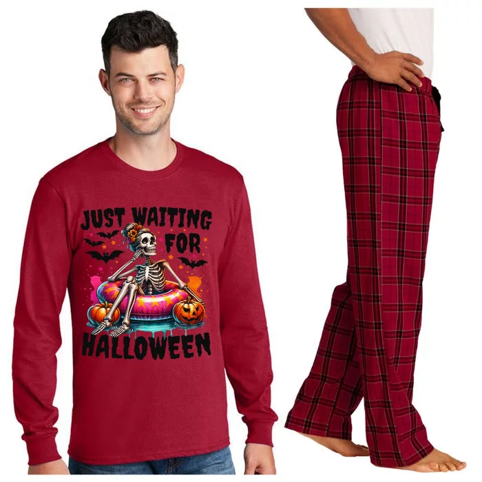 Funny Just Waiting For Halloween Skeleton Spooky Vibe Summer Gift Long Sleeve Pajama Set