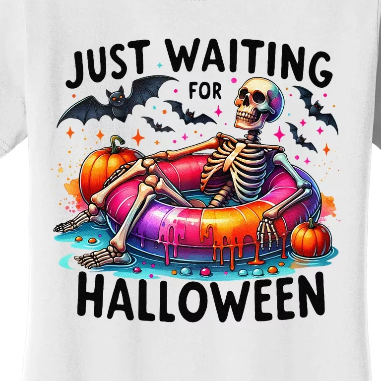 Funny Just Waiting For Halloween Skeleton Spooky Vibe Summer Women's T-Shirt