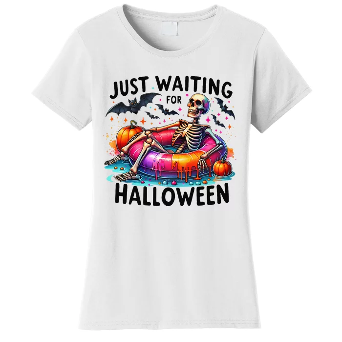 Funny Just Waiting For Halloween Skeleton Spooky Vibe Summer Women's T-Shirt