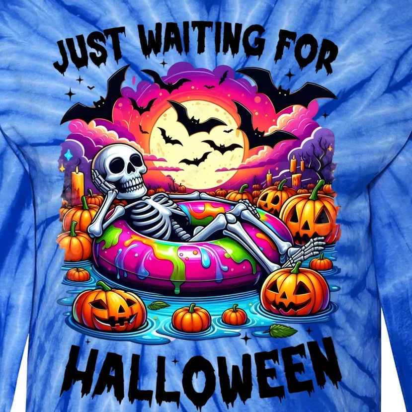 Funny Just Waiting For Halloween Skeleton Spooky Vibe Gift Tie-Dye Long Sleeve Shirt